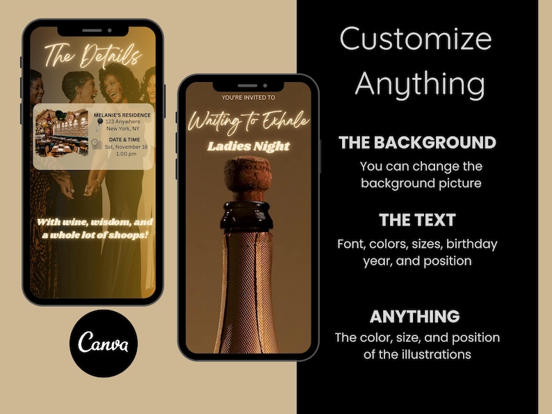 Op de afbeelding: Twee smartphones tonen evenementdetails en een champagnefles. E&eacute;n telefoon toont evenementinformatie, inclusief de tekst "The Details" en "Waiting to Exhale Ladies Night". De andere telefoon toont een champagnefles. De afbeelding bevat ook het Canva-logo.