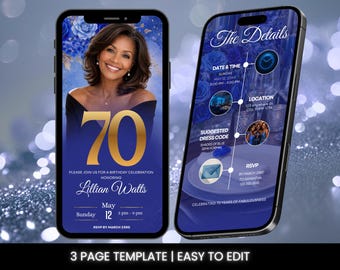 Animierte blaue Einladung zum 70 Canva Vorlage | Modern Digital Evite (Digitaler Download)