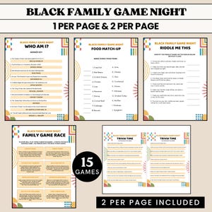 Peut inclure: Ensemble de feuilles de jeu imprimables pour "Black Family Game Night", comprenant des jeux de questions, des &eacute;nigmes et des jeux d'association. Le design pr&eacute;sente des formes g&eacute;om&eacute;triques color&eacute;es et du texte, comme "Qui suis-je ?" et "Trivia Time".