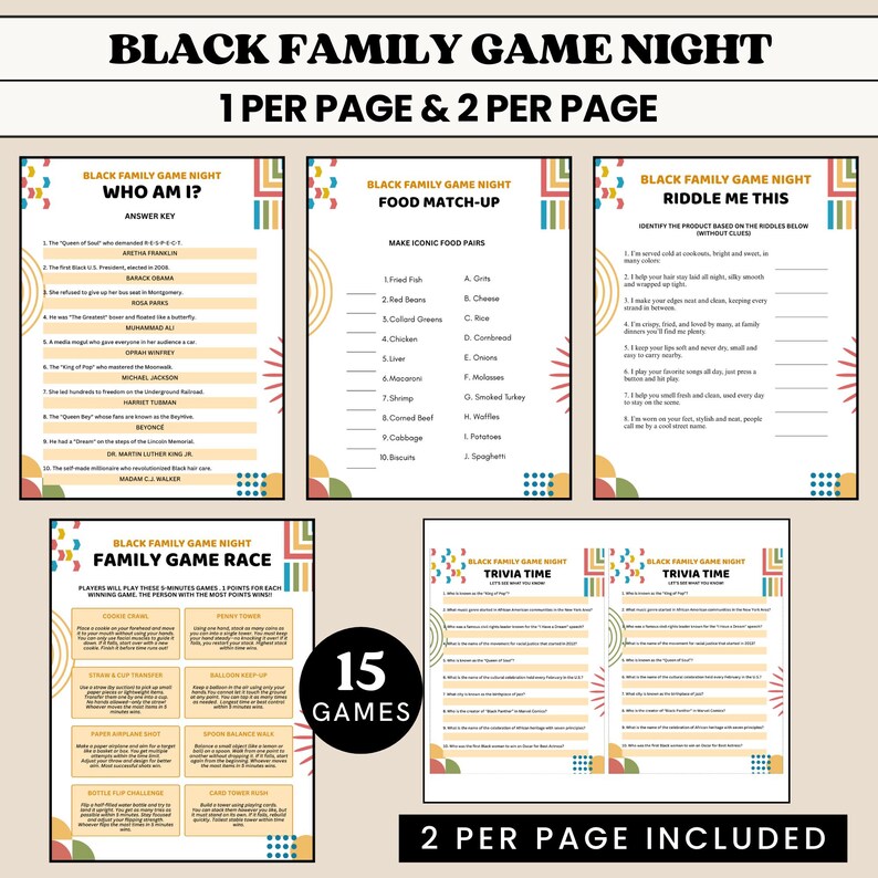 Peut inclure: Ensemble de feuilles de jeu imprimables pour "Black Family Game Night", comprenant des jeux de questions, des &eacute;nigmes et des jeux d'association. Le design pr&eacute;sente des formes g&eacute;om&eacute;triques color&eacute;es et du texte, comme "Qui suis-je ?" et "Trivia Time".