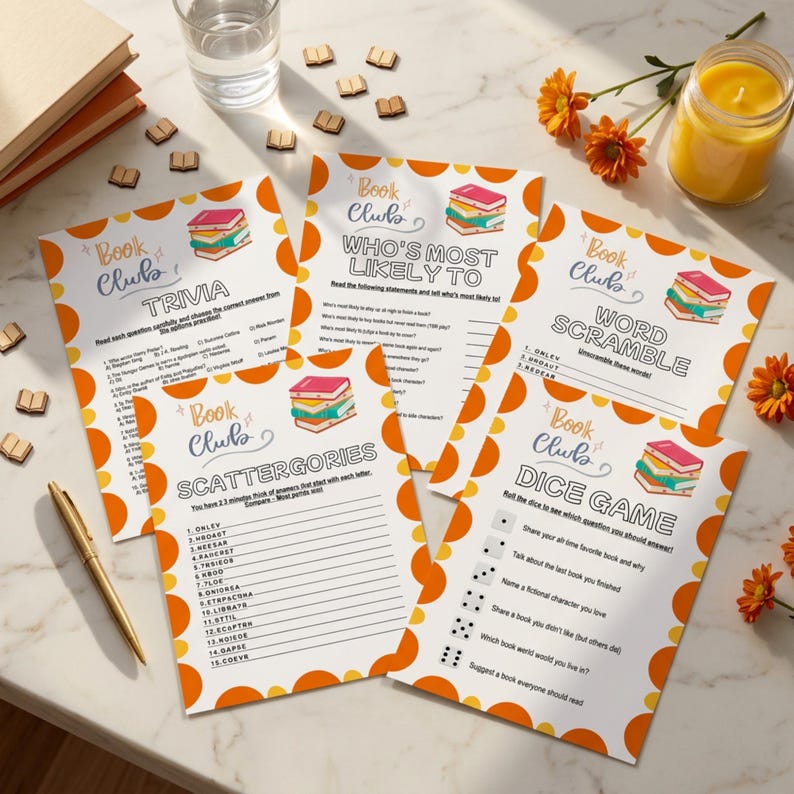 May include: A collection of book club game sheets with orange and white polka dot borders. The sheets include trivia, word scramble, and dice game prompts. Decorative wooden book cutouts and a gold pen are scattered around the sheets.