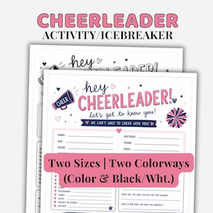 May include: A printable cheerleader activity and icebreaker sheet featuring the text "hey CHEERLEADER! let's get to know you!" with a megaphone and pom-pom graphic. The form includes fields for name, age, grade, birthday, phone, email, and favorites.