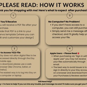 Op de afbeelding: Beige afbeelding met tekst die uitlegt hoe je na aankoop toegang krijgt tot digitale bestanden. De tekst bevat instructies voor Etsy-gebruikers, inclusief degenen die Apple-apparaten gebruiken, en hoe bestanden te downloaden.