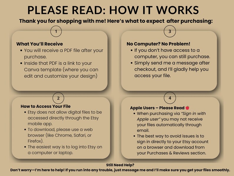 Op de afbeelding: Beige afbeelding met tekst die uitlegt hoe je na aankoop toegang krijgt tot digitale bestanden. De tekst bevat instructies voor Etsy-gebruikers, inclusief degenen die Apple-apparaten gebruiken, en hoe bestanden te downloaden.