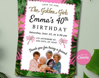 Golden Girls Birthday Invitation Template, 80s TV Theme Party Invite (Digital Download)