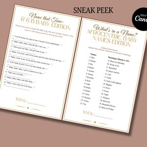 May include: Two printable baby shower games: "Name that Tune - R&B Baby Edition" and "What's in a Name? Afrocentric Baby Names Edition." The games have a gold border and text on a white background. The background is a light brown color. The Canva logo is in the top right corner.