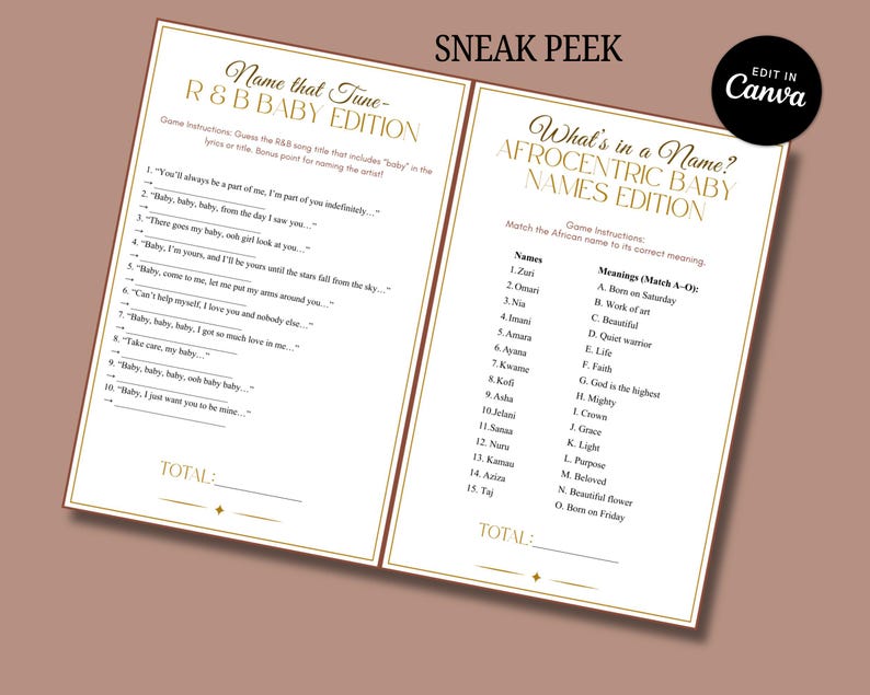May include: Two printable baby shower games: "Name that Tune - R&B Baby Edition" and "What's in a Name? Afrocentric Baby Names Edition." The games have a gold border and text on a white background. The background is a light brown color. The Canva logo is in the top right corner.