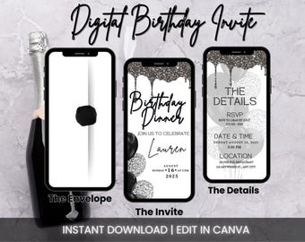 Animated Birthday Dinner Invitation: Chic Black & White Evite (Digital Template)