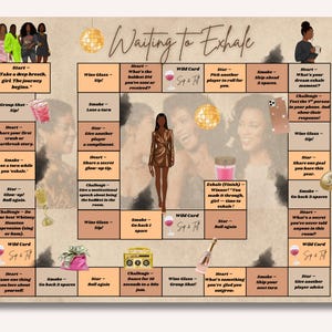 May include: A board game titled "Waiting to Exhale" with a beige background. The game features illustrations of women, disco balls, and various game prompts. The game includes prompts like "Share your first crush or heartbreak story."
