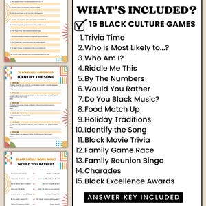Peut inclure: Un ensemble de jeux de soci&eacute;t&eacute; avec le texte "What's Included? 15 Black Culture Games" et des titres de jeux comme "Trivia Time" et "Identify the Song". Comprend une cl&eacute; de r&eacute;ponse. Le th&egrave;me de la soir&eacute;e jeux est pour le plaisir en famille.