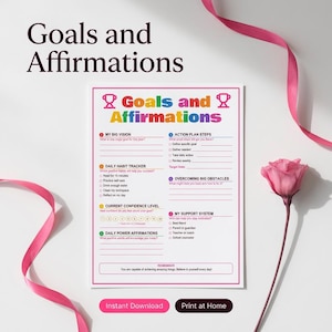Può includere: Un foglio di lavoro per obiettivi e affermazioni con sezioni per My Big Vision, Action Plan Steps, Daily Habit Tracker, Overcoming Big Obstacles, Current Confidence Level e Daily Power Affirmations, con bordo rosa e icone di trofei.