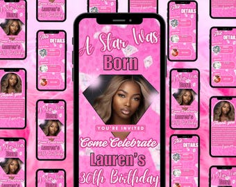 Pink Animated Birthday Dinner Party Invite | Pink Digital Evite Template