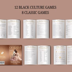 May include: A collection of baby shower games with a brown and gold theme. The games include titles such as "Baby Zodiac Guess," "Match the Mom to the Show," and "Baby Shower Bingo." The cover of one game book reads "Oh Baby!!" with a photo of a couple.