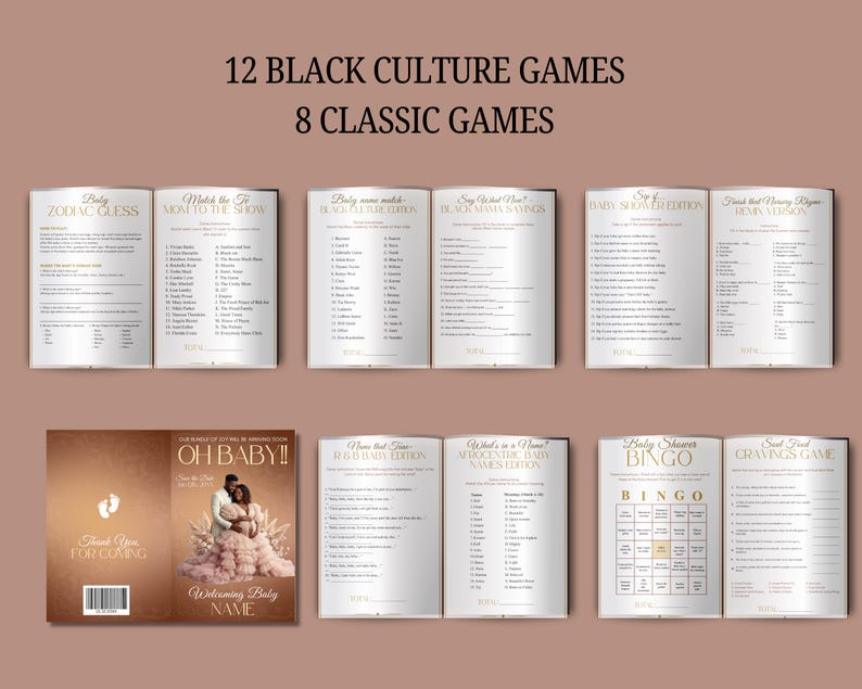 May include: A collection of baby shower games with a brown and gold theme. The games include titles such as "Baby Zodiac Guess," "Match the Mom to the Show," and "Baby Shower Bingo." The cover of one game book reads "Oh Baby!!" with a photo of a couple.