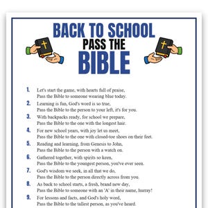 May include: A white game card with blue and black text titled BACK TO SCHOOL PASS THE BIBLE. It features two illustrations of hands passing a black Bible with a gold cross. Below are nine numbered instructions for a group game activity.