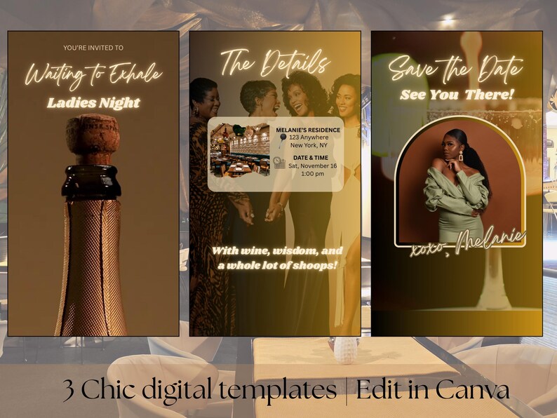 Op de afbeelding: Drie digitale sjablonen voor een Ladies Night-evenement. Het eerste sjabloon toont een champagnefles. Het tweede sjabloon bevat evenementdetails. Het derde sjabloon zegt "Save the Date" met een foto van een vrouw.
