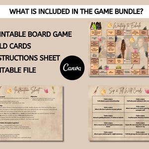 May include: A game bundle includes a printable board game, wild cards, an instructions sheet, and an editable file. The board game is titled "Waiting to Exhale" and features a game board and cards. The Canva logo is also visible.