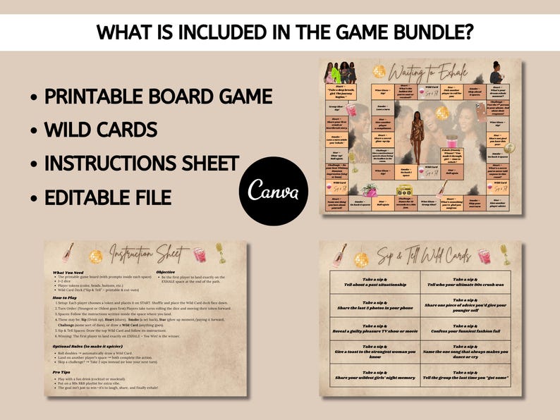 May include: A game bundle includes a printable board game, wild cards, an instructions sheet, and an editable file. The board game is titled "Waiting to Exhale" and features a game board and cards. The Canva logo is also visible.