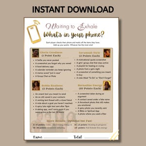 Op de afbeelding: Een printbaar spel met de titel "Waiting to Exhale: What's in your phone?" met een gouden smartphone-afbeelding. Het spel bevat categorie&euml;n zoals "Gloria Goodness" en "Savannah Style" met puntwaarden en itemchecklists. Direct downloaden.