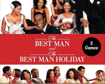 May include: Image of a movie poster featuring a group of people, with the text "The Best Man and The Best Man Holiday." The poster also includes the text "5 Games" and "Perfect for Ladies' Night!"