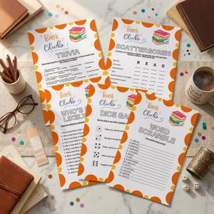 May include: Four printed book club game sheets with orange and white accents, featuring trivia, scattergories, who's likely, dice game, and word scramble activities. A mug with the words "Read More Books" is visible, along with books, glasses, and a pen holder.