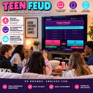 Puede incluir: Un juego de fiesta digital titulado Teen Feud que se muestra en una pantalla de televisión, con una interfaz tipo encuesta con dos marcadores de equipo, espacios para respuestas y controles. Compatible con computadoras, iPads y móviles.