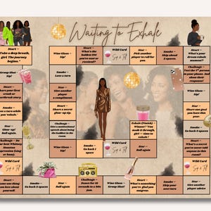 May include: A board game titled "Waiting to Exhale" with a beige background. The game features illustrations of women, disco balls, and game instructions. The game includes spaces for challenges, wine glasses, and stars.