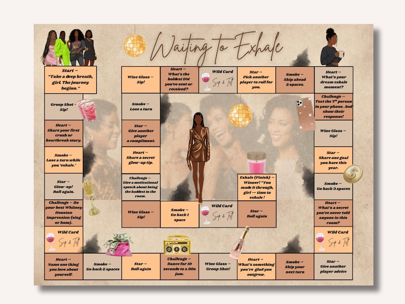 May include: A board game titled "Waiting to Exhale" with a beige background. The game features illustrations of women, disco balls, and game instructions. The game includes spaces for challenges, wine glasses, and stars.