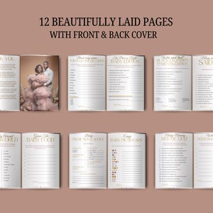 May include: A baby shower game book with 12 beautifully laid pages. The cover features a couple in formal attire. Inside, pages include games like "Baby Around the World," "Guess the Baby Food," and "Who Said That?" The text is in gold on a white background.