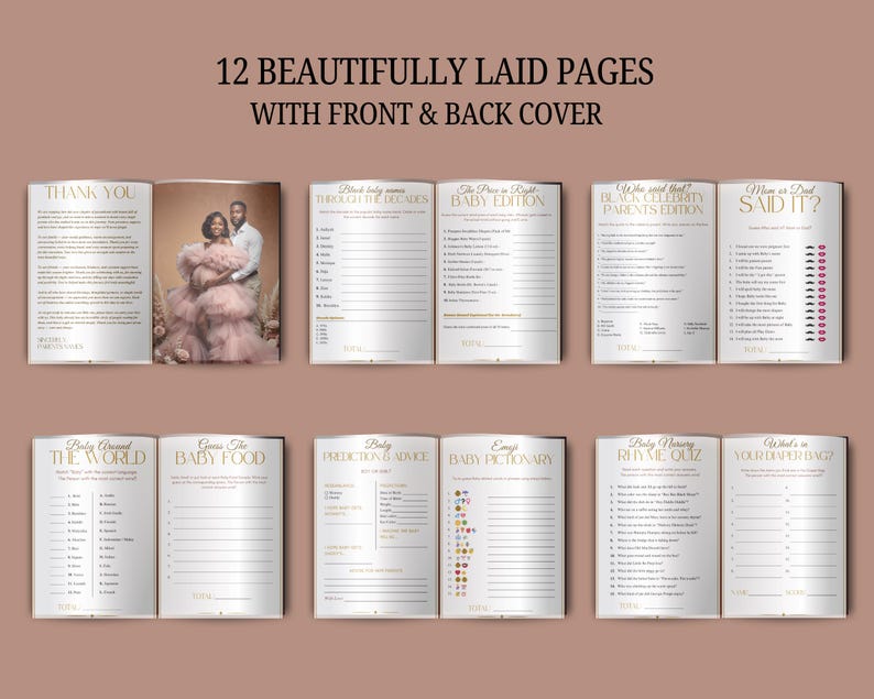 May include: A baby shower game book with 12 beautifully laid pages. The cover features a couple in formal attire. Inside, pages include games like "Baby Around the World," "Guess the Baby Food," and "Who Said That?" The text is in gold on a white background.