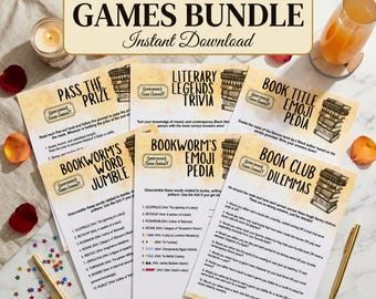 May include: A bundle of printable games for a Black Girl Book Club, featuring titles like "Literary Legends Trivia" and "Bookworm's Emoji Pedia." The design includes a candle, a drink, and gold pens. The text "Instant Download" is visible.