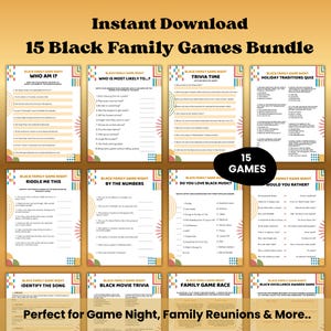 Peut inclure: Un ensemble t&eacute;l&eacute;chargeable de 15 jeux de famille noirs, comprenant des jeux de questions et de devinettes. Parfait pour les soir&eacute;es de jeux et les r&eacute;unions de famille, l'ensemble pr&eacute;sente des designs color&eacute;s et divers formats de jeux.