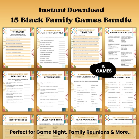 15 Black Family Game Night Printable Bundle,Adult, teens, and kid friendly (Instant Download)