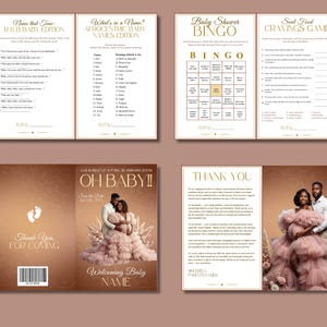 May include: A collection of baby shower games and thank you cards. The games include Bingo, a cravings game, and name games. The cards feature a couple in formal attire and the text "Oh Baby!!" in gold lettering.