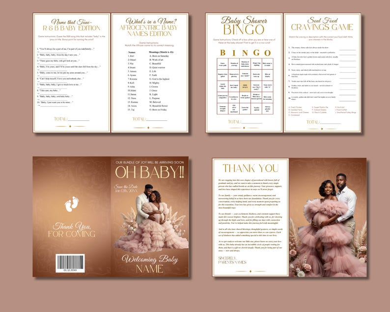 May include: A collection of baby shower games and thank you cards. The games include Bingo, a cravings game, and name games. The cards feature a couple in formal attire and the text "Oh Baby!!" in gold lettering.