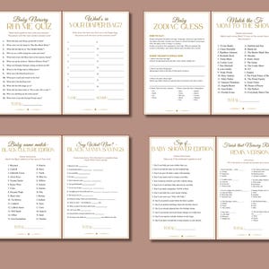 May include: A set of six baby shower game cards with gold text on a cream background. Games include a nursery rhyme quiz, diaper bag guessing game, zodiac guess, and matching TV moms. The cards are arranged in two rows of three.