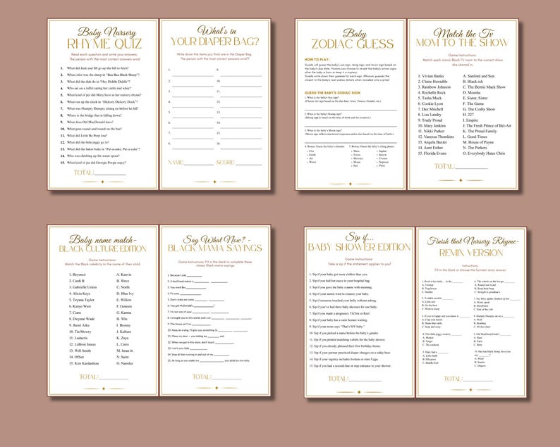 May include: A set of six baby shower game cards with gold text on a cream background. Games include a nursery rhyme quiz, diaper bag guessing game, zodiac guess, and matching TV moms. The cards are arranged in two rows of three.