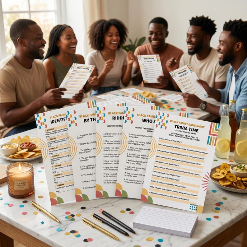 Peut inclure: Un groupe de personnes joue &agrave; un jeu de soci&eacute;t&eacute;. Le jeu comprend des cartes imprim&eacute;es avec des questions et des r&eacute;ponses, des stylos et des collations. Les cartes portent le texte "BLACK FAMILY GAME NIGHT TRIVIA TIME".