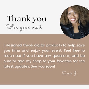 Op de afbeelding: Promotieafbeelding met de tekst "Thank you for your visit" in zwart script. Een lachende vrouw staat op een cirkelvormige foto. De tekst hieronder geeft het doel van de ontwerper aan om tijd te besparen en van evenementen te genieten. Ondertekend "Doris J."