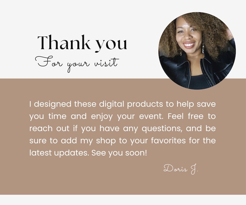 Op de afbeelding: Promotieafbeelding met de tekst "Thank you for your visit" in zwart script. Een lachende vrouw staat op een cirkelvormige foto. De tekst hieronder geeft het doel van de ontwerper aan om tijd te besparen en van evenementen te genieten. Ondertekend "Doris J."