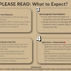 May include: A tan-colored informational graphic with the title "PLEASE READ: What to Expect?" and numbered sections detailing file access, purchase instructions, and troubleshooting. Text includes "What You'll Receive" and "How to Access Your File."