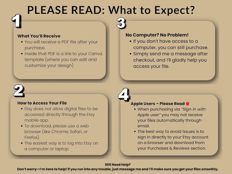 May include: A tan-colored informational graphic with the title "PLEASE READ: What to Expect?" and numbered sections detailing file access, purchase instructions, and troubleshooting. Text includes "What You'll Receive" and "How to Access Your File."
