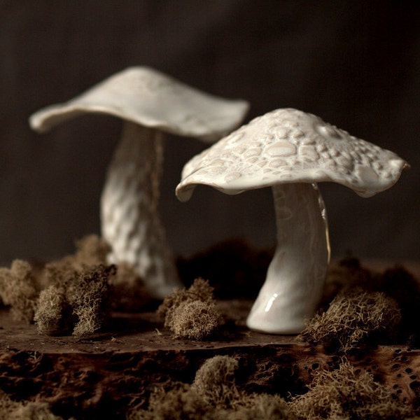 Pair of white ceramic woodland mushrooms.  Home decor, wedding gift for nature lovers.
