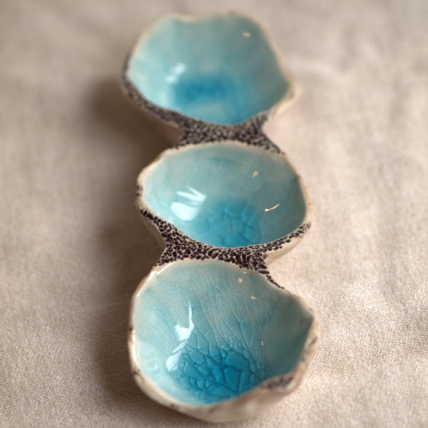 Water droplets porcelain tray.  Triple ring tray in aqua and sepia.