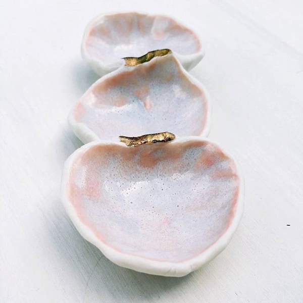 Pink ceramic ring dish.  Triple ring tray in rose quartz and metallic gold.  Handmade porcelain trinket tray.