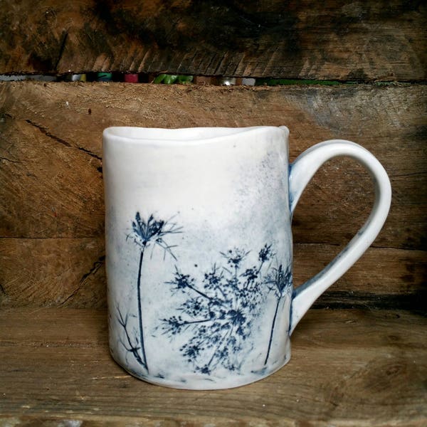 Mug with blue flowers.  Queen Anne's Lace mug.  Handmade porcelain mug.  Blue and white floral mug.  Rustic floral mug.  One of a kind.