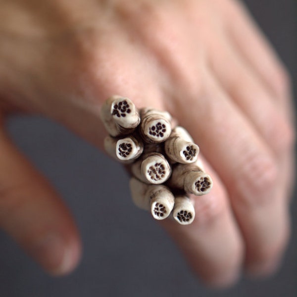 Barnacles porcelain ring.  Deep brown and ivory.  Funky and fashionable.