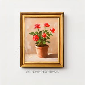 Vintage Red Roses Painting, Printable Wall Art, Floral Still Life, Oil Painting Style, Bouquet of Roses, Fine Art Print, Digital Download