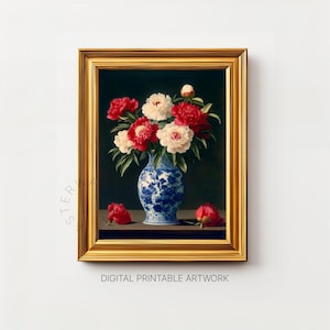 Dipinto di vaso di fiori vintage, arte murale stampabile, natura morta floreale, stile pittura a olio, stampa artistica di bouquet di fiori, download digitale