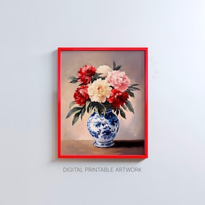 Dipinto di vaso di fiori vintage, arte murale stampabile, natura morta floreale, stile pittura a olio, stampa artistica di bouquet di fiori, download digitale